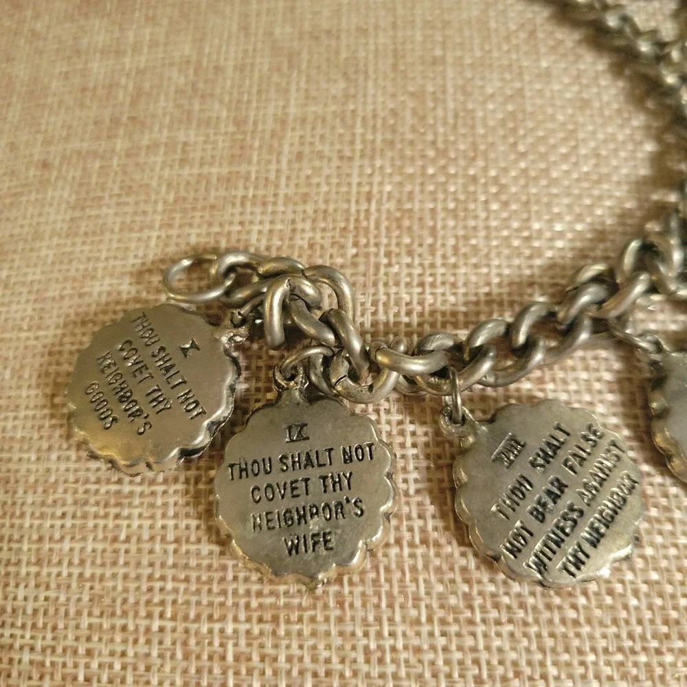 Vintage Ten Commandments Religious Charm Bracelet Silver Tone 7 Inch Cottagecore